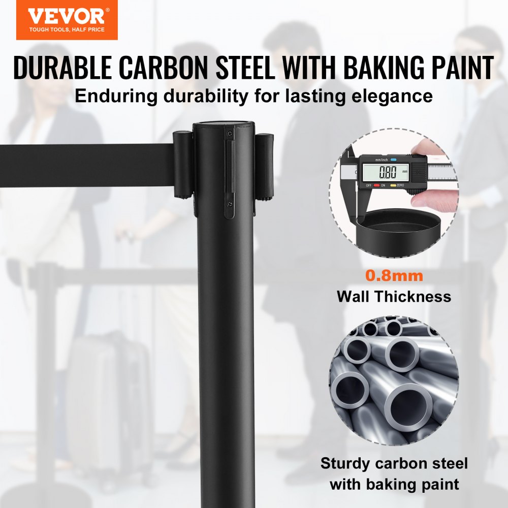 System prowadzenia osób VEVOR, taśma odgradzająca, stojak na barierę, 4 sztuki, 2 m x 48 mm, czarny zwijany pas, system prowadzenia osób, słupek odgradzający z możliwością wypełnienia, odpowiedni na lotniska, targi, miejsca zawodów