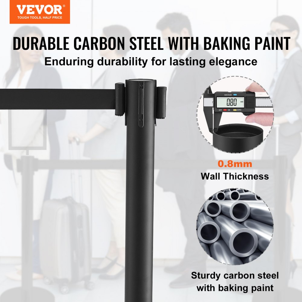 VEVOR Crowd Control System Barrier Tape Barrier Post 6-piece, 2 mx 48 mm Black Retractable Belt, Crowd Control System Barrier Posts with Signs for Airports, Trade Fairs, Competition Venues etc.