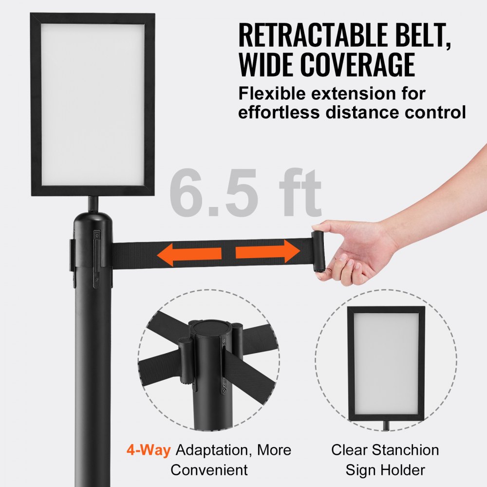 VEVOR Crowd Control System Barrier Tape Barrier Post 6-piece, 2 mx 48 mm Black Retractable Belt, Crowd Control System Barrier Posts with Signs for Airports, Trade Fairs, Competition Venues etc.