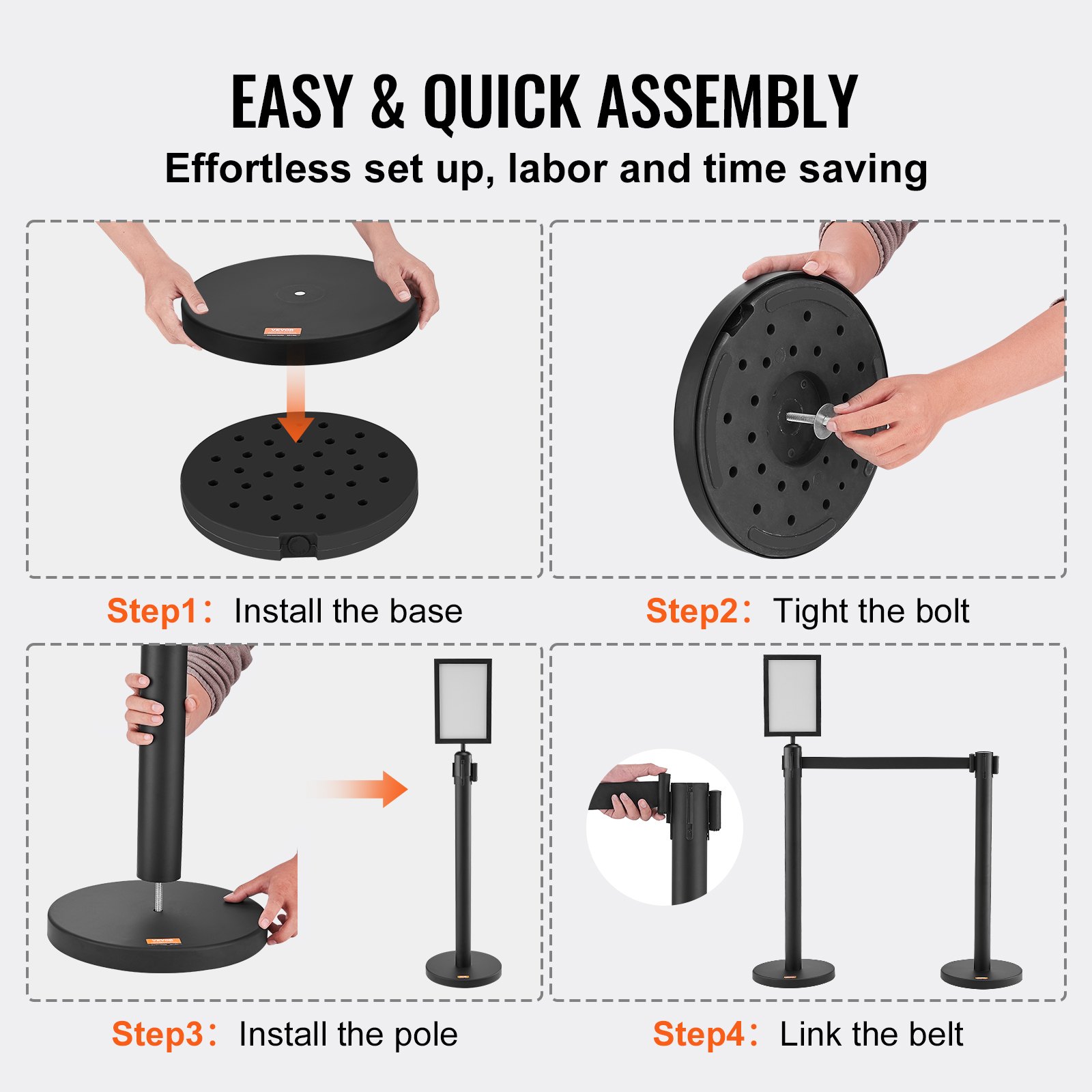 VEVOR Crowd Control System Barrier Tape Barrier Post 6-piece, 2 mx 48 mm Black Retractable Belt, Crowd Control System Barrier Posts with Signs for Airports, Trade Fairs, Competition Venues etc.