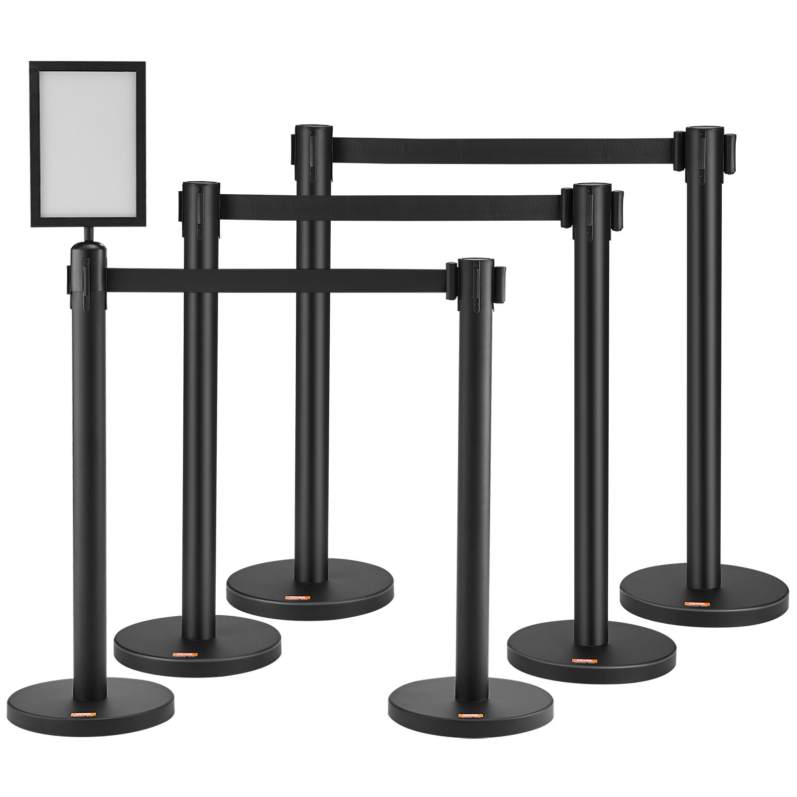VEVOR Crowd Control System Barrier Tape Barrier Post 6-piece, 2 mx 48 mm Black Retractable Belt, Crowd Control System Barrier Posts with Signs for Airports, Trade Fairs, Competition Venues etc.