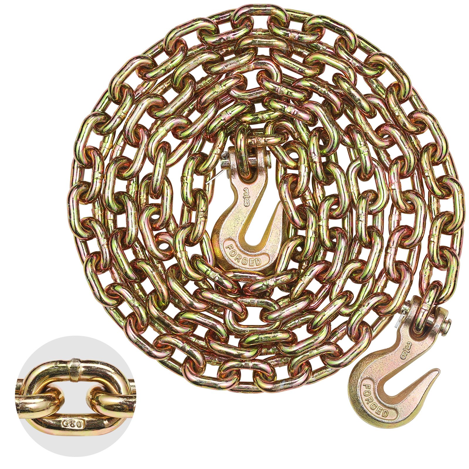 Łańcuch holowniczy VEVOR G80, 3/8 cala x 10,3 stopy z hakiem holowniczym, bezpieczne obciążenie robocze 7100 funtów, wytrzymały łańcuch transportowy do holowania sprzętu holowniczego