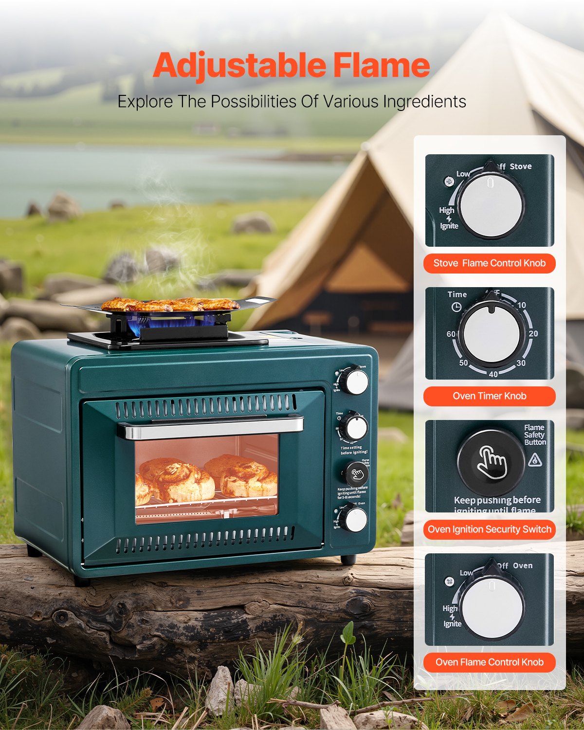 VEVOR Outdoor Stove 2 w 1 przenośna kuchenka kempingowa, regulowana szybkostrzelność, 60-minutowy timer, wiatroodporna, z rusztem do grillowania i tacą do pieczenia, do sprzętu kempingowego, na piknik w ogrodzie, do gotowania na świeżym powietrzu