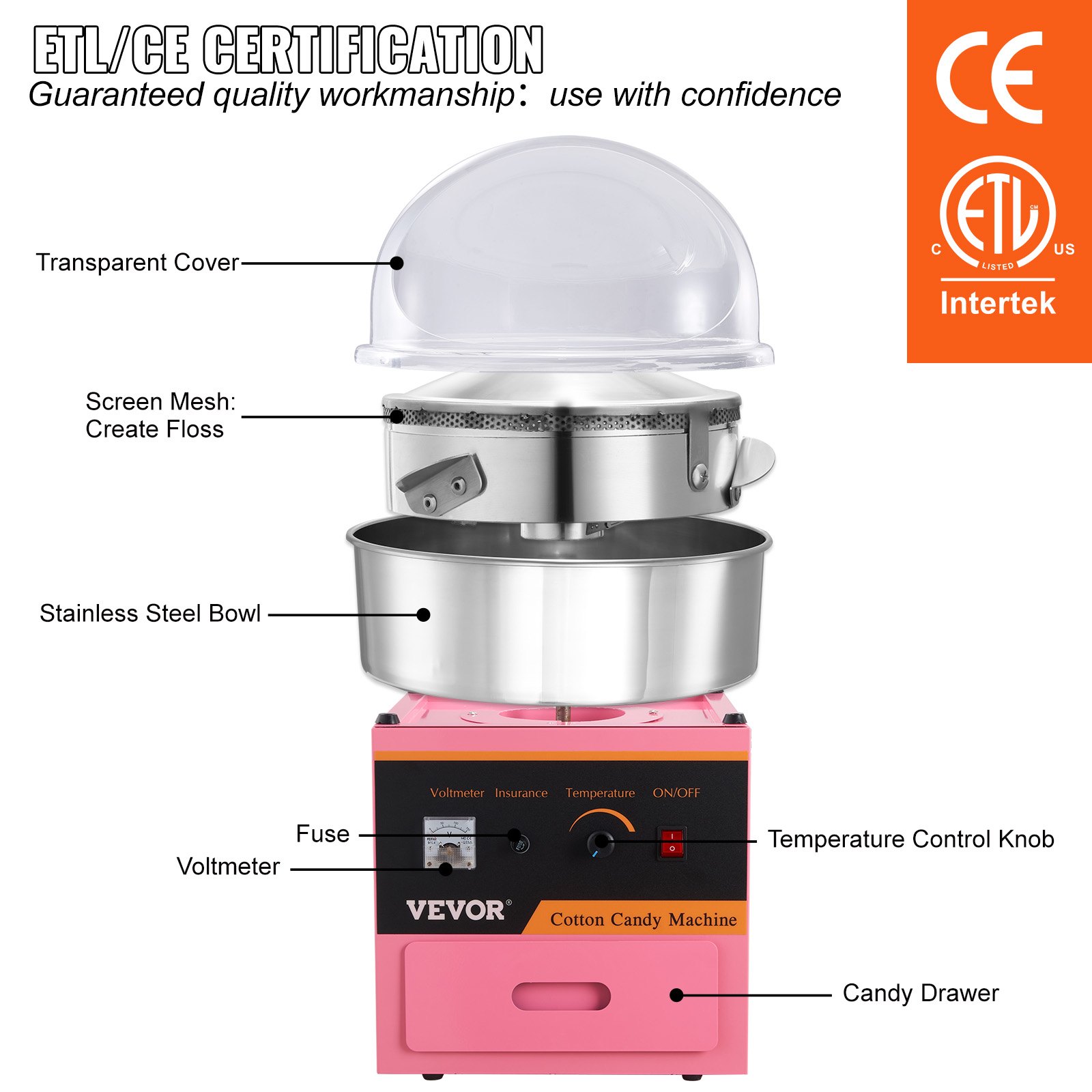 VEVOR Cotton Candy Machine Stainless Steel Cotton Candy Maker Lid 1kW Pink Portable