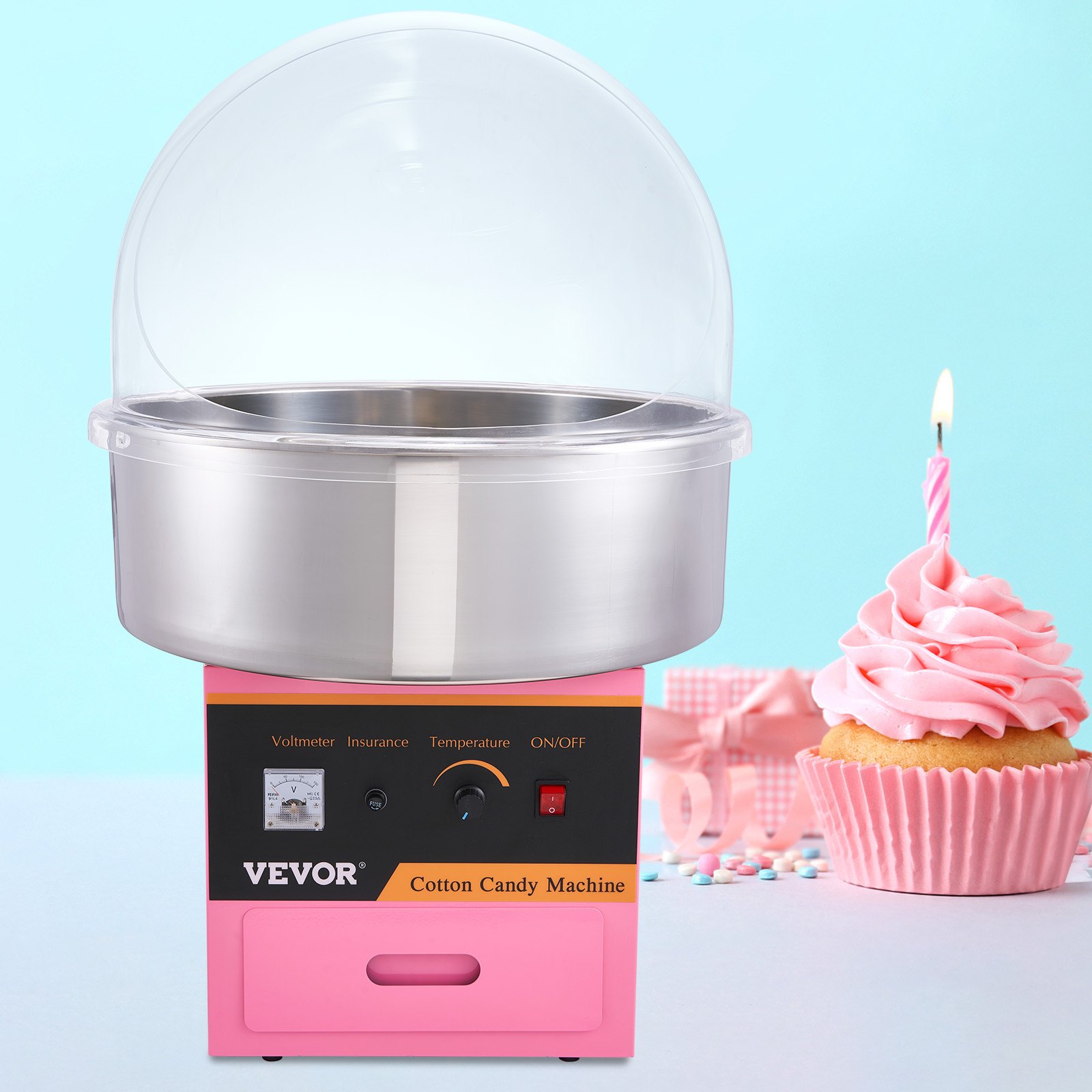VEVOR Cotton Candy Machine Stainless Steel Cotton Candy Maker Lid 1kW Pink Portable