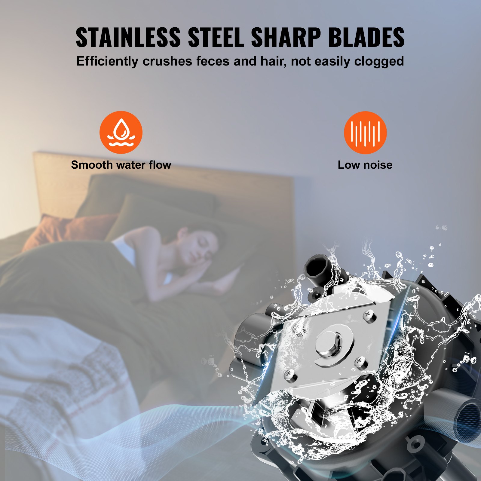 System toaletowy VEVOR z wydajną pompą rozdrabniającą o mocy 800 W, toaletą piwniczną z wylotem tylnym i spłuczką wypornościową, podwójnym spłukiwaniem, zestawem 4 wlotów