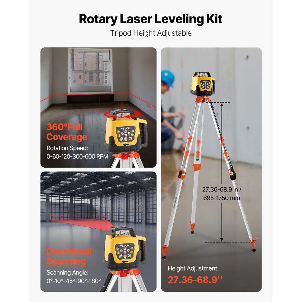 Zestaw poziomic laserowych obrotowych VEVOR ze statywem i prętem pomiarowym, czerwona wiązka lasera, zasięg 300 m, regulowany kąt nachylenia, obrót o 360°, elastyczny kąt skanowania, w zestawie pilot zdalnego sterowania i futerał transportowy