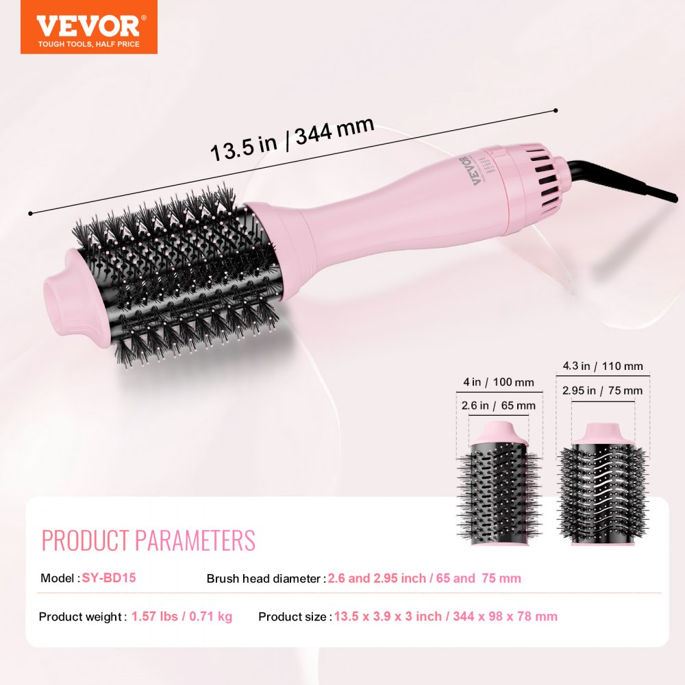 VEVOR Hot Air Brush, suszarka do włosów z jonizacją, z galwanizowanym tytanem i głowicą z powłoką ceramiczną 65/75 mm, 4-w-1 do stylizacji włosów i nadawania objętości z 4 ustawieniami temperatury do kręcenia, suszenia i prostowania