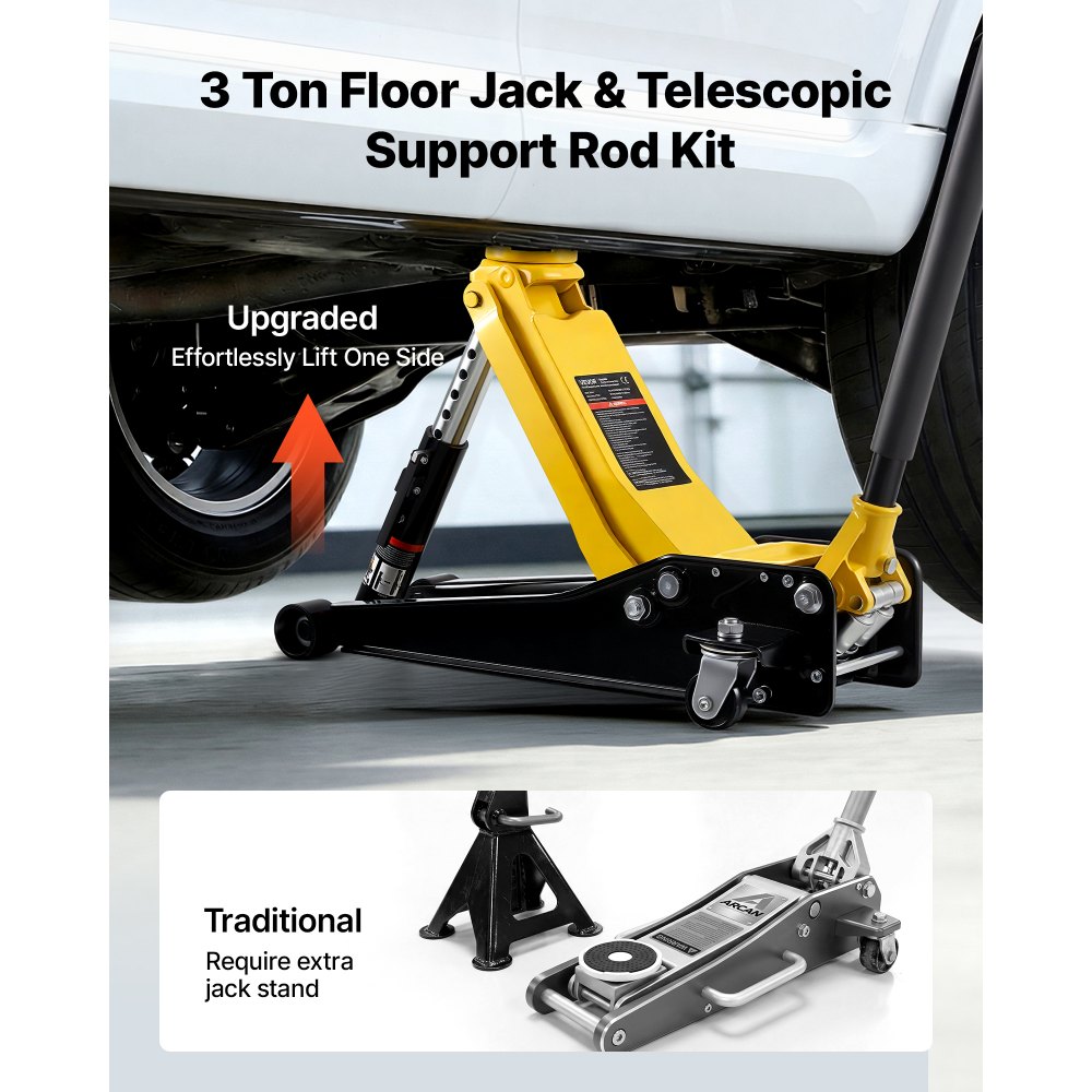 Podnośnik hydrauliczny VEVOR o udźwigu dziennym 3 tony, podnośnik hydrauliczny o wysokości podnoszenia 75–500 mm, gumowa podkładka 95 mm i podwójny cylinder, stalowy podnośnik samochodowy o zakresie ruchu 360° do samochodów osobowych, SUV-ów, pick-upów i warsztatów
