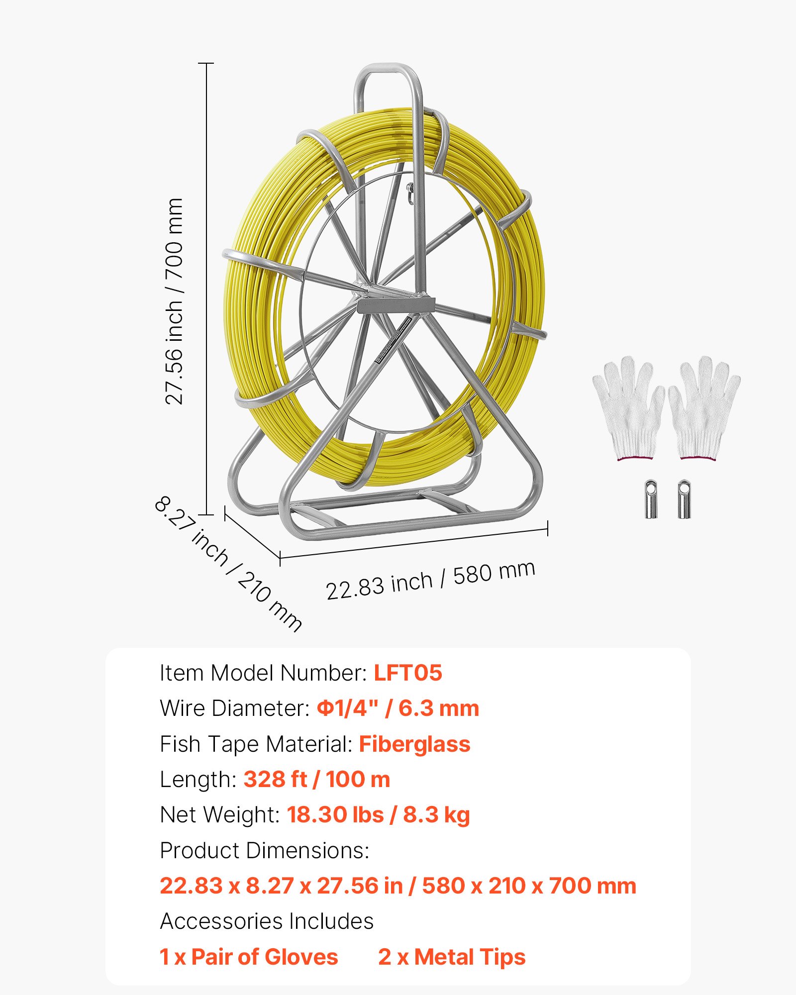 Koło kablowe z włókna szklanego VEVOR 100 m, pręt z włókna szklanego Ø6,3 mm, taśma rybacka ze stojakiem, pomoc w przeciąganiu kabla z oznaczeniami, nawlekacz kabla, narzędzie do przeciągania kabli do ścian i rur instalacji elektrycznych, nieprzewodzące