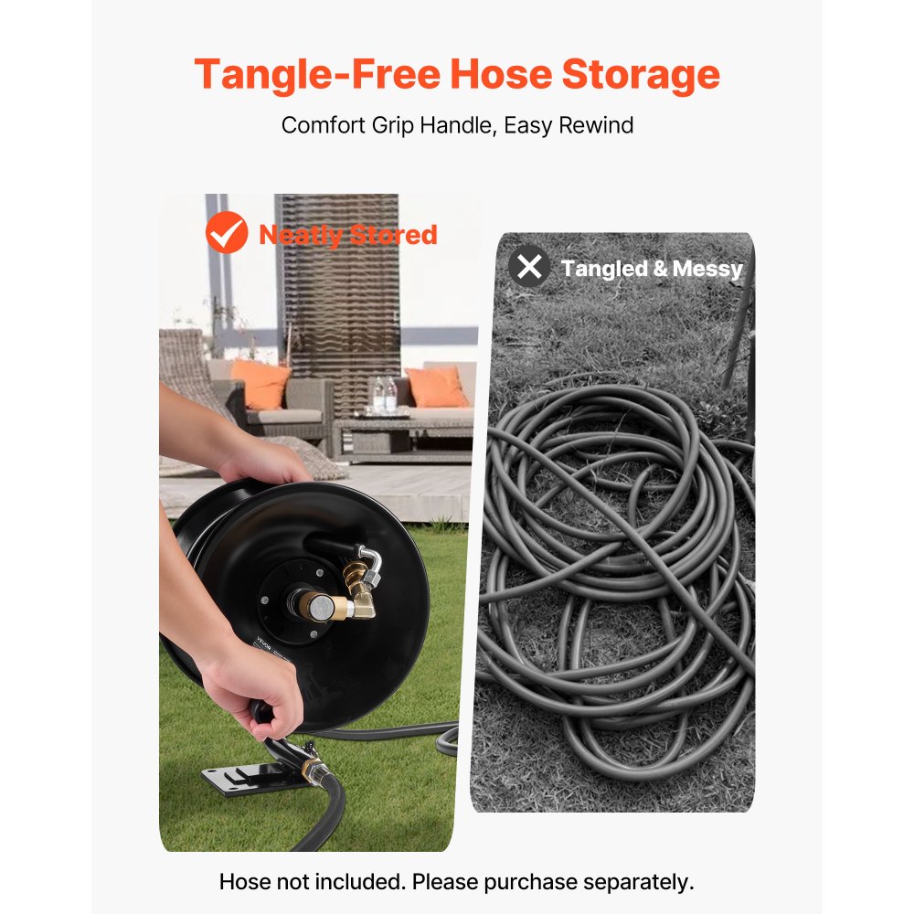 Bęben na wąż wysokociśnieniowy VEVOR, 15,2 m x 9,5 mm, uchwyt stalowy, bęben na wąż do myjek ciśnieniowych, montaż na ścianie/podłodze/ciężarówce, 275 barów, korba ręczna do mycia samochodów/podłóg, ogród