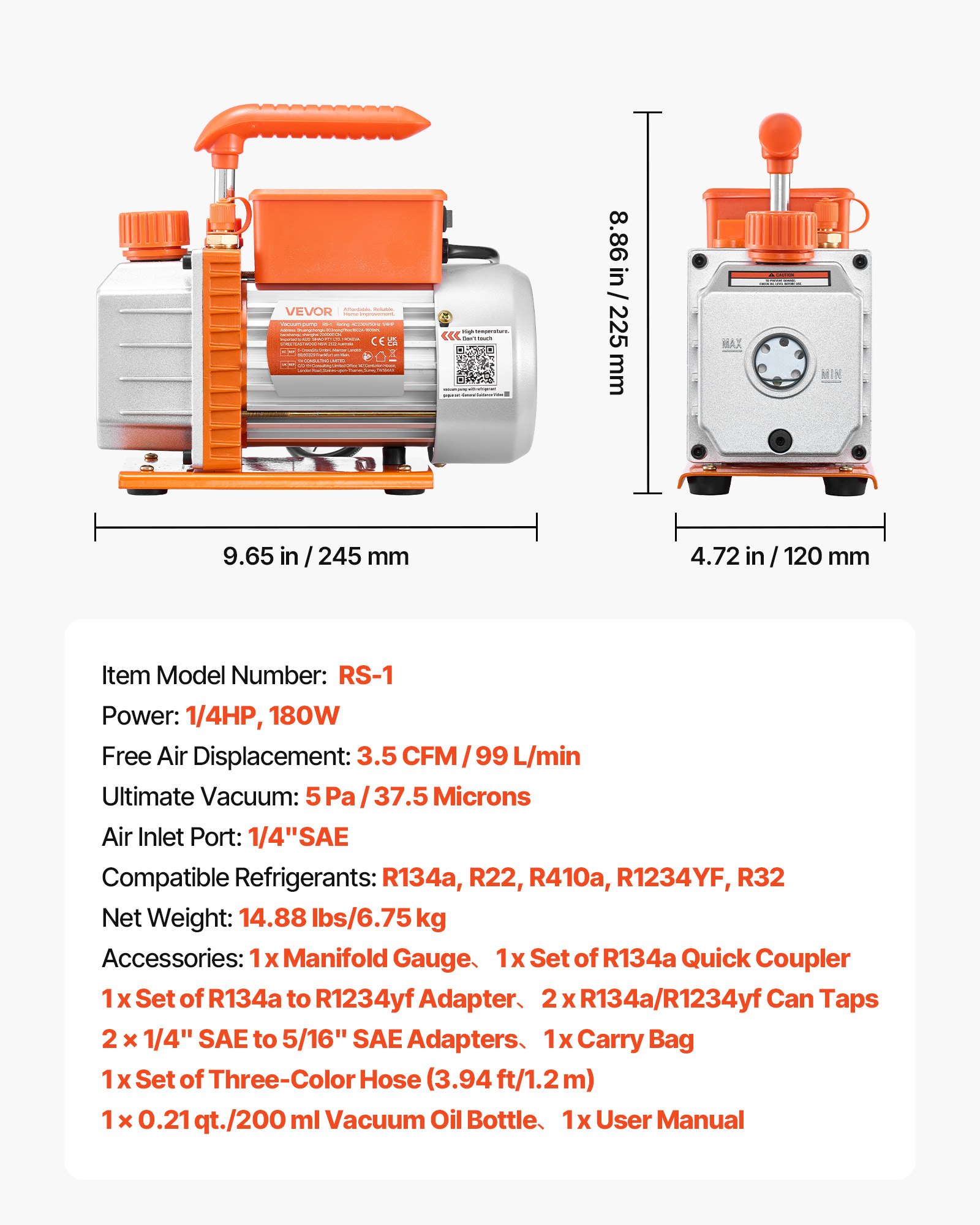 Pompa próżniowa VEVOR z manometrem, 3,5 CFM 99 l/min, 180 W, jednostopniowa pompa próżniowa z łopatkami obrotowymi, zestaw pompy próżniowej do czynników R134a, R22, R410a, R1234YF i R32, z walizką transportową do samochodowych układów klimatyzacji