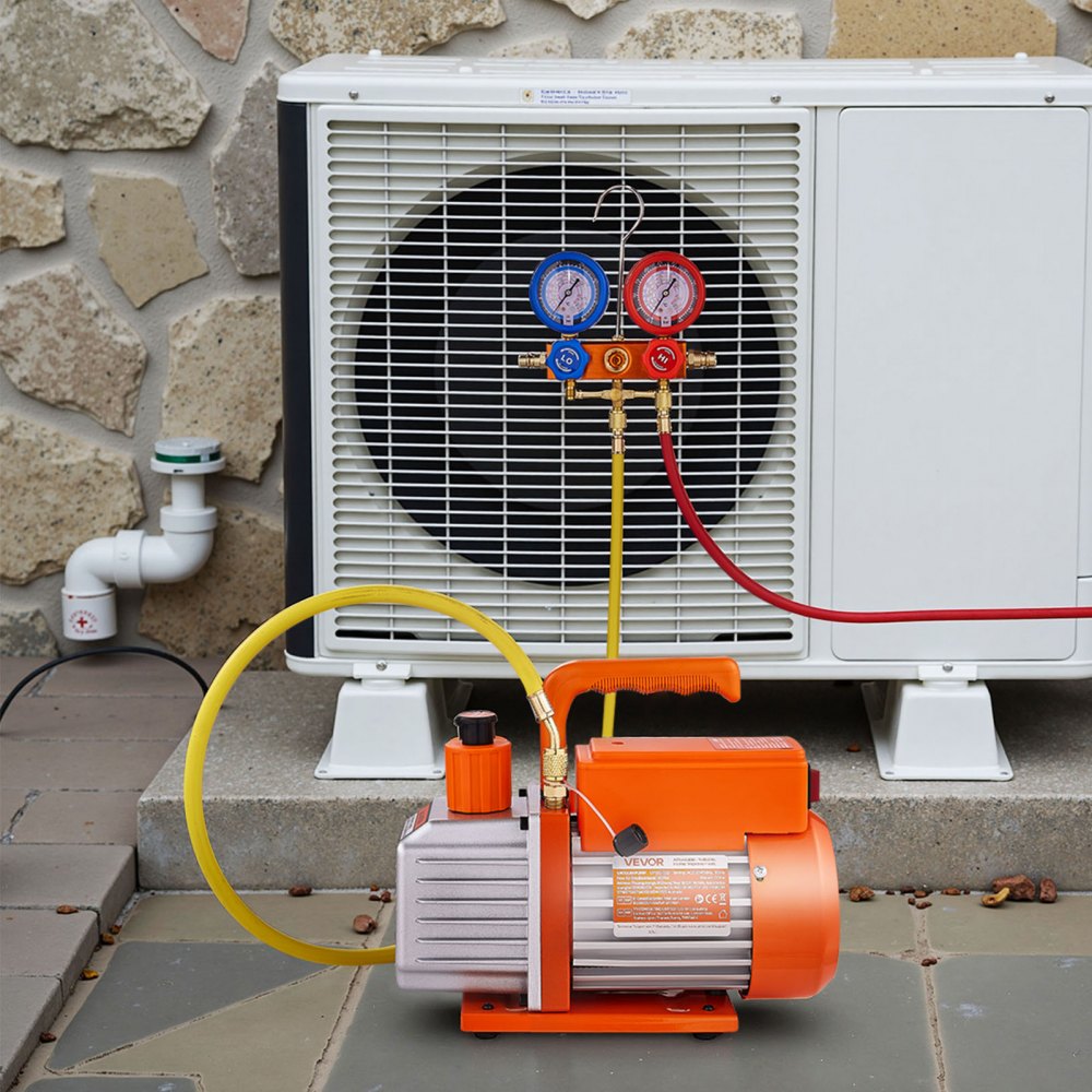 Pompa próżniowa VEVOR 113 l/min, jednostopniowa pompa próżniowa HVAC z łopatkami obrotowymi, zestaw manometrów do kolektora czynnika chłodniczego klimatyzacji, z wykrywaczem nieszczelności, walizka transportowa, do czynnika chłodniczego R134a R22 R410a R1234YF