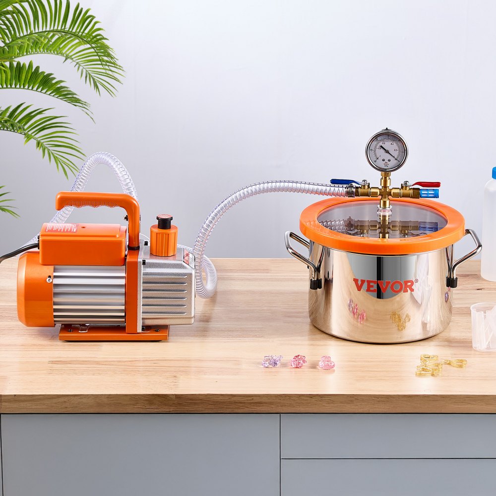 VEVOR 5.68 L vacuum chamber and 3.5 CFM pump, stainless steel chamber, 1-stage vacuum pump degassing chamber kit, with acrylic lid, oil, 1.5 m hose, vacuum pump kit for degassing resin, silicone, and epoxies