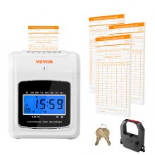 Zegar czasowy VEVOR Rejestracja czasu 102 kart czasowych, elektroniczny zegar czasowy z 2 klawiszami + 1 pasek, biały elektroniczny zegar montowany na ścianie dla małych firm, biur, fabryk itp.