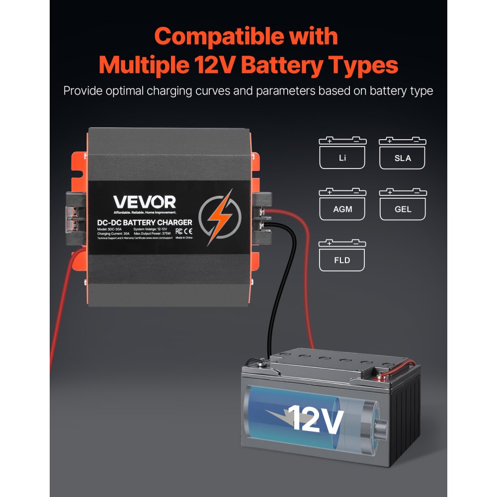 VEVOR Ładowarka akumulatorów DC/DC 12 V 30 A, 375 W, ładowarka do akumulatorów kwasowo-ołowiowych, litowych, AGM, żelowych i mokrych, inteligentne ładowanie wieloetapowe, do pojazdów kempingowych, pojazdów użytkowych, łodzi, jachtów