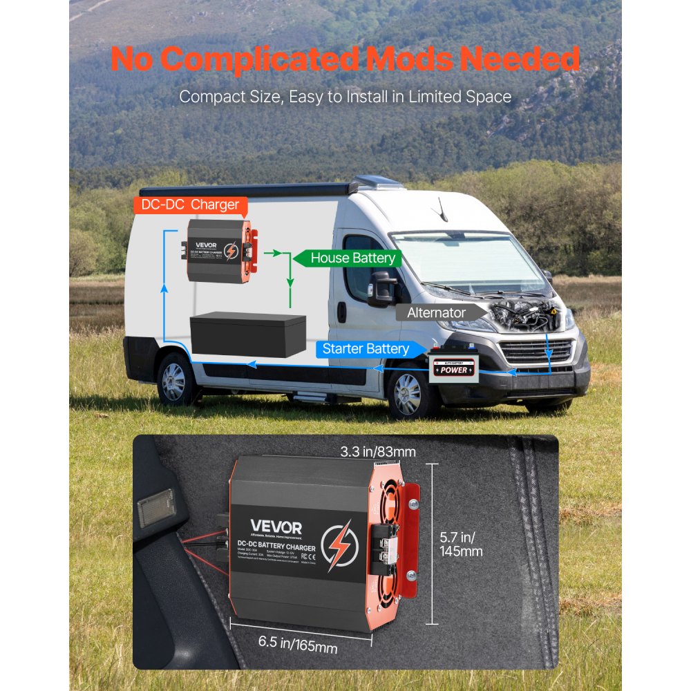 VEVOR Ładowarka akumulatorów DC/DC 12 V 30 A, 375 W, ładowarka do akumulatorów kwasowo-ołowiowych, litowych, AGM, żelowych i mokrych, inteligentne ładowanie wieloetapowe, do pojazdów kempingowych, pojazdów użytkowych, łodzi, jachtów