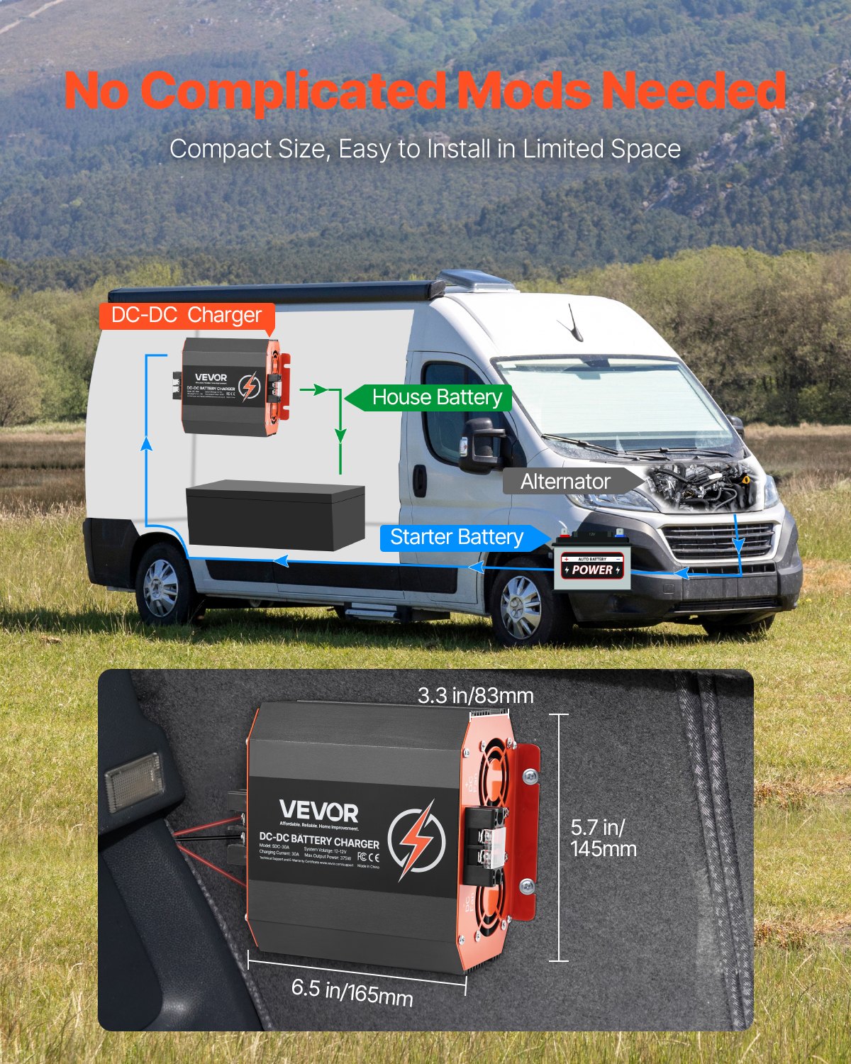 VEVOR Ładowarka akumulatorów DC/DC 12 V 30 A, 375 W, ładowarka do akumulatorów kwasowo-ołowiowych, litowych, AGM, żelowych i mokrych, inteligentne ładowanie wieloetapowe, do pojazdów kempingowych, pojazdów użytkowych, łodzi, jachtów