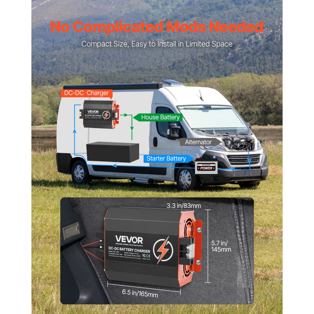 VEVOR Ładowarka akumulatorów DC/DC 12 V 40 A, 500 W do akumulatorów kwasowo-ołowiowych, litowych, AGM, żelowych i mokrych, inteligentne ładowanie wieloetapowe, do pojazdów kempingowych, pojazdów użytkowych, łodzi i jachtów