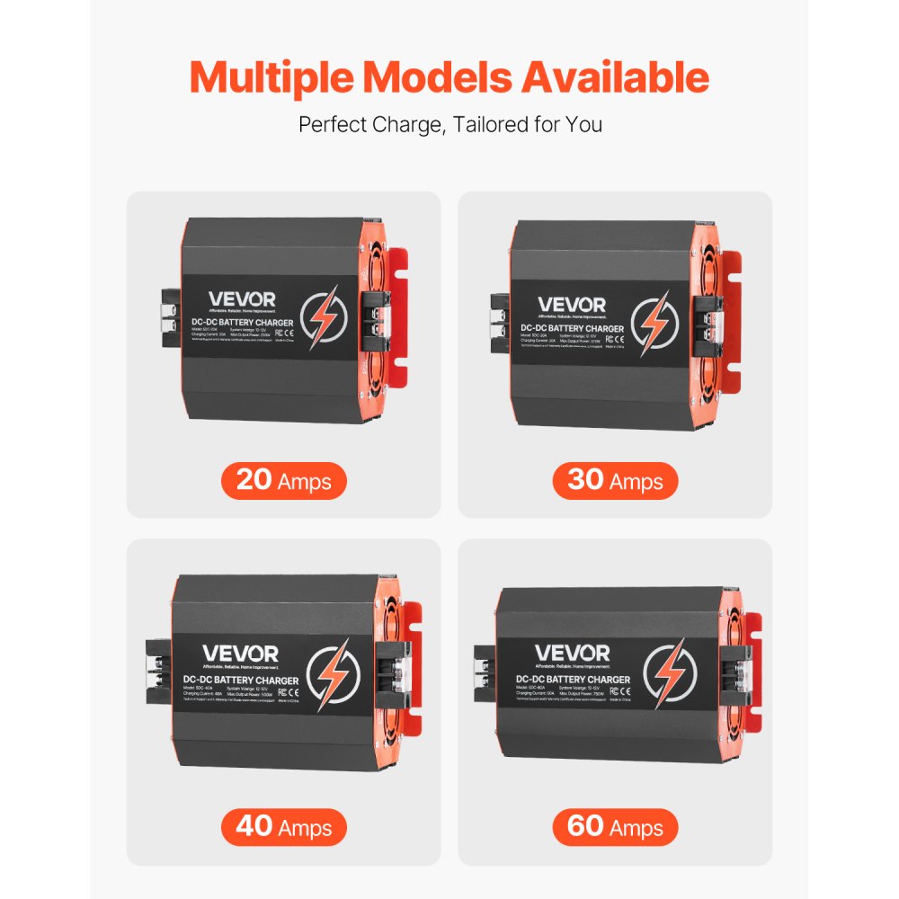 VEVOR Ładowarka akumulatorów DC/DC 12 V 40 A, 500 W do akumulatorów kwasowo-ołowiowych, litowych, AGM, żelowych i mokrych, inteligentne ładowanie wieloetapowe, do pojazdów kempingowych, pojazdów użytkowych, łodzi i jachtów