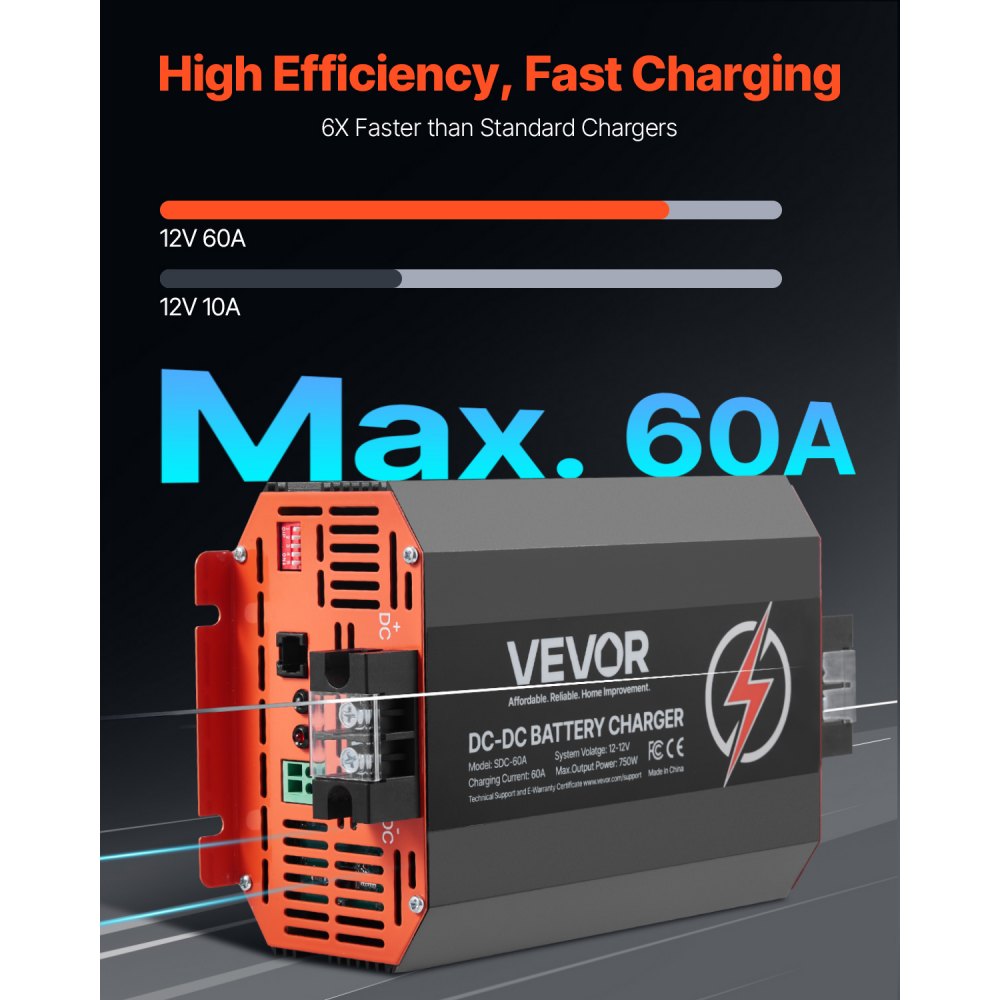 VEVOR Ładowarka akumulatorów DC/DC 12 V 60 A, 750 W do akumulatorów kwasowo-ołowiowych, litowych, AGM, żelowych i mokrych, inteligentne ładowanie wieloetapowe, do pojazdów kempingowych, pojazdów użytkowych, łodzi i jachtów