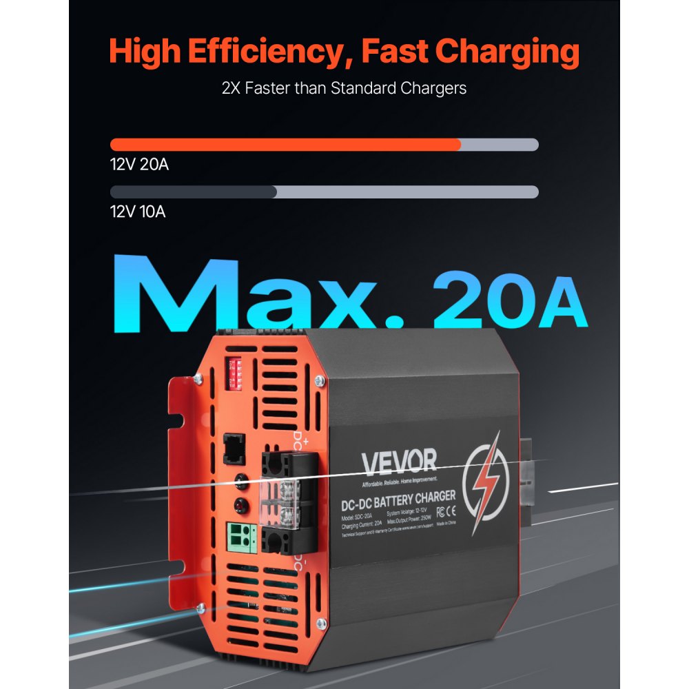 VEVOR Ładowarka akumulatorów DC/DC 12 V 20 A, 250 W, idealna do akumulatorów kwasowo-ołowiowych, litowych, AGM, żelowych i mokrych, inteligentne ładowanie wieloetapowe, do pojazdów kempingowych, pojazdów użytkowych, łodzi, jachtów