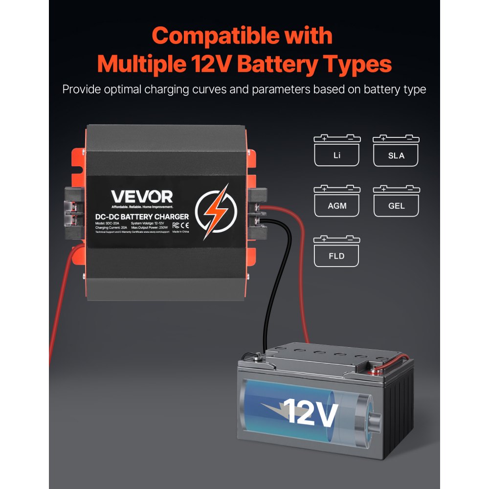 VEVOR Ładowarka akumulatorów DC/DC 12 V 20 A, 250 W, idealna do akumulatorów kwasowo-ołowiowych, litowych, AGM, żelowych i mokrych, inteligentne ładowanie wieloetapowe, do pojazdów kempingowych, pojazdów użytkowych, łodzi, jachtów