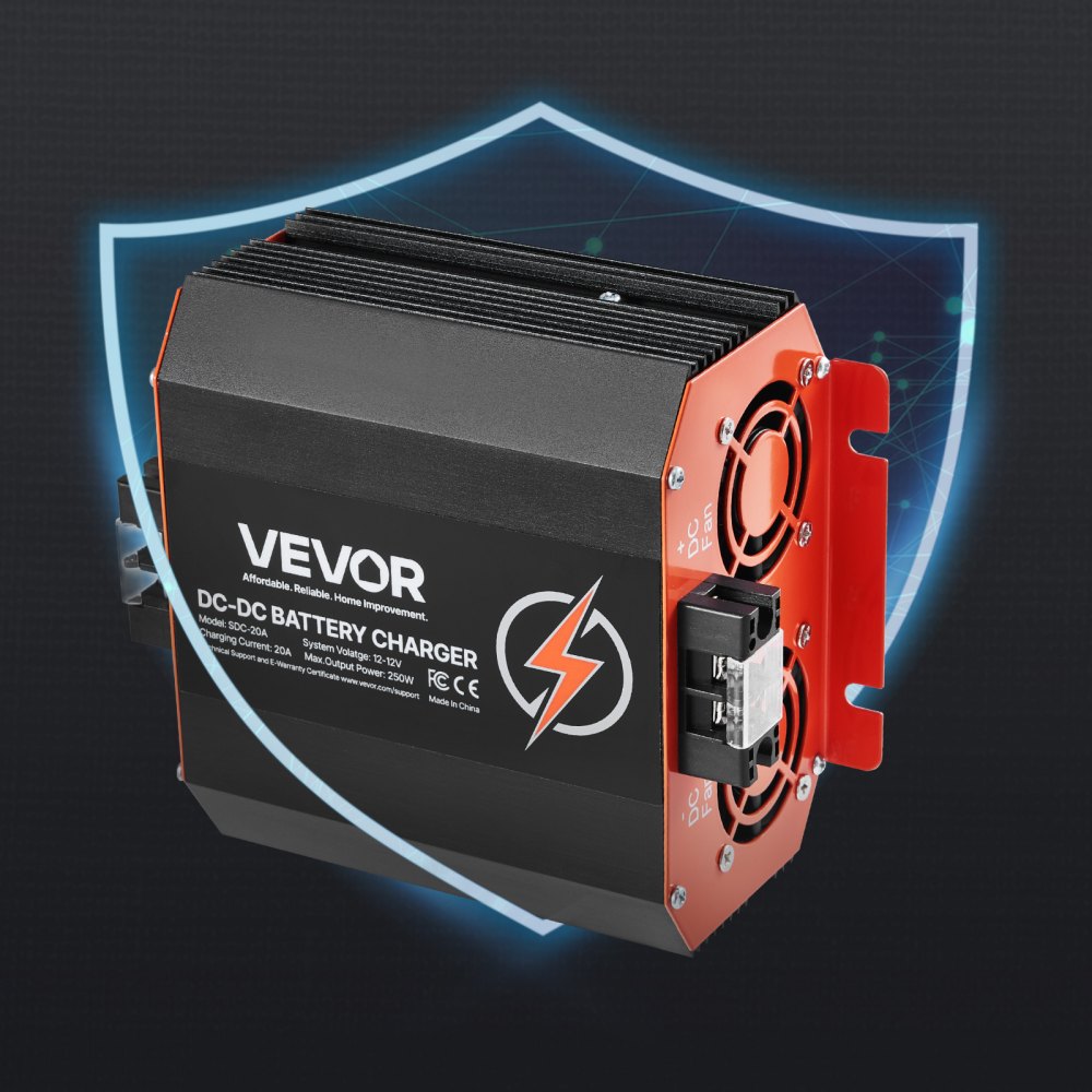 VEVOR Ładowarka akumulatorów DC/DC 12 V 20 A, 250 W, idealna do akumulatorów kwasowo-ołowiowych, litowych, AGM, żelowych i mokrych, inteligentne ładowanie wieloetapowe, do pojazdów kempingowych, pojazdów użytkowych, łodzi, jachtów