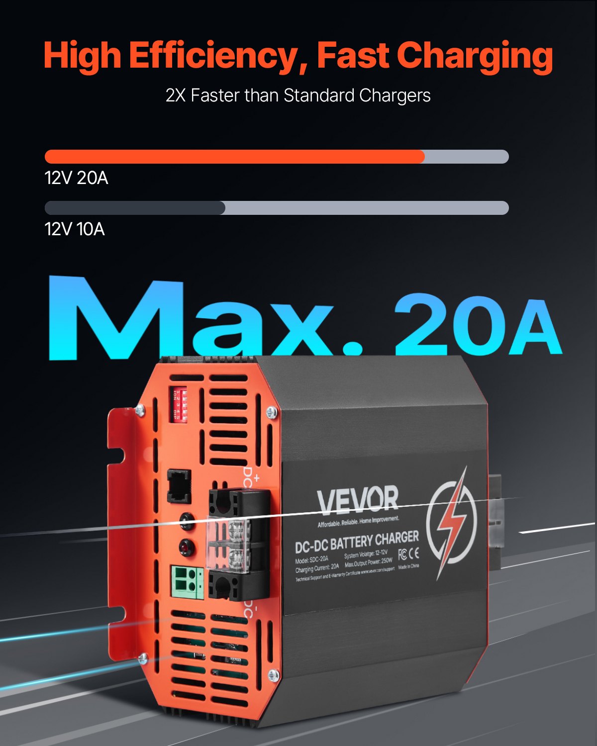 VEVOR Ładowarka akumulatorów DC/DC 12 V 20 A, 250 W, idealna do akumulatorów kwasowo-ołowiowych, litowych, AGM, żelowych i mokrych, inteligentne ładowanie wieloetapowe, do pojazdów kempingowych, pojazdów użytkowych, łodzi, jachtów