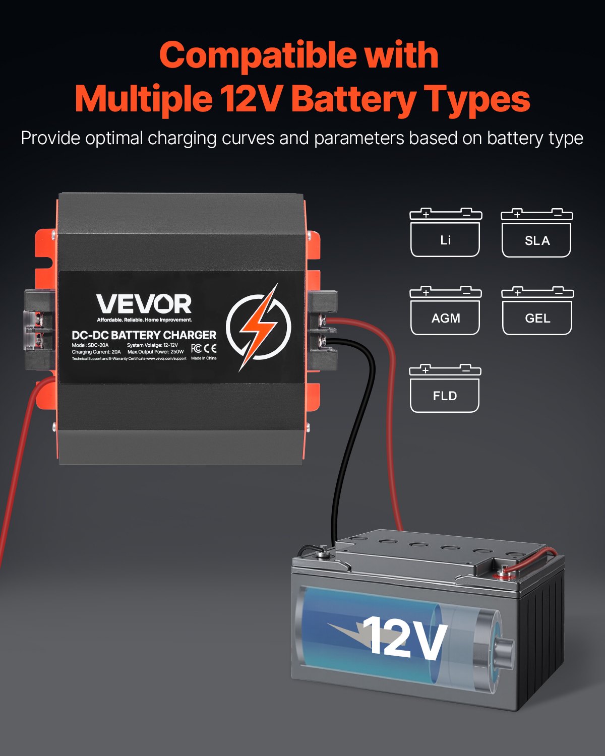 VEVOR Ładowarka akumulatorów DC/DC 12 V 20 A, 250 W, idealna do akumulatorów kwasowo-ołowiowych, litowych, AGM, żelowych i mokrych, inteligentne ładowanie wieloetapowe, do pojazdów kempingowych, pojazdów użytkowych, łodzi, jachtów