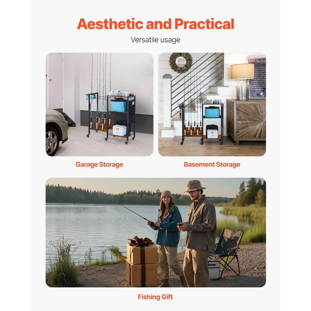 VEVOR Stojak na wędki na 12 wędek, zwijany stojak na wędki ze stali stopowej i płyty MDF do organizacji i przechowywania, oszczędzający miejsce stojak podłogowy na sprzęt wędkarski, prezent dla miłośników wędkarstwa