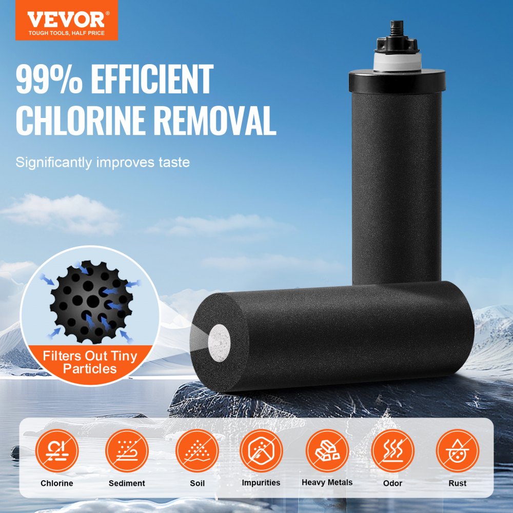 VEVOR Gravity Water Filter System, stal nierdzewna, blat, system filtracji wody 4,4 + 5,5 l, redukuje ołów i do 99% chloru, z 2 filtrami węglowymi i kranem, kemping, kamper, dom