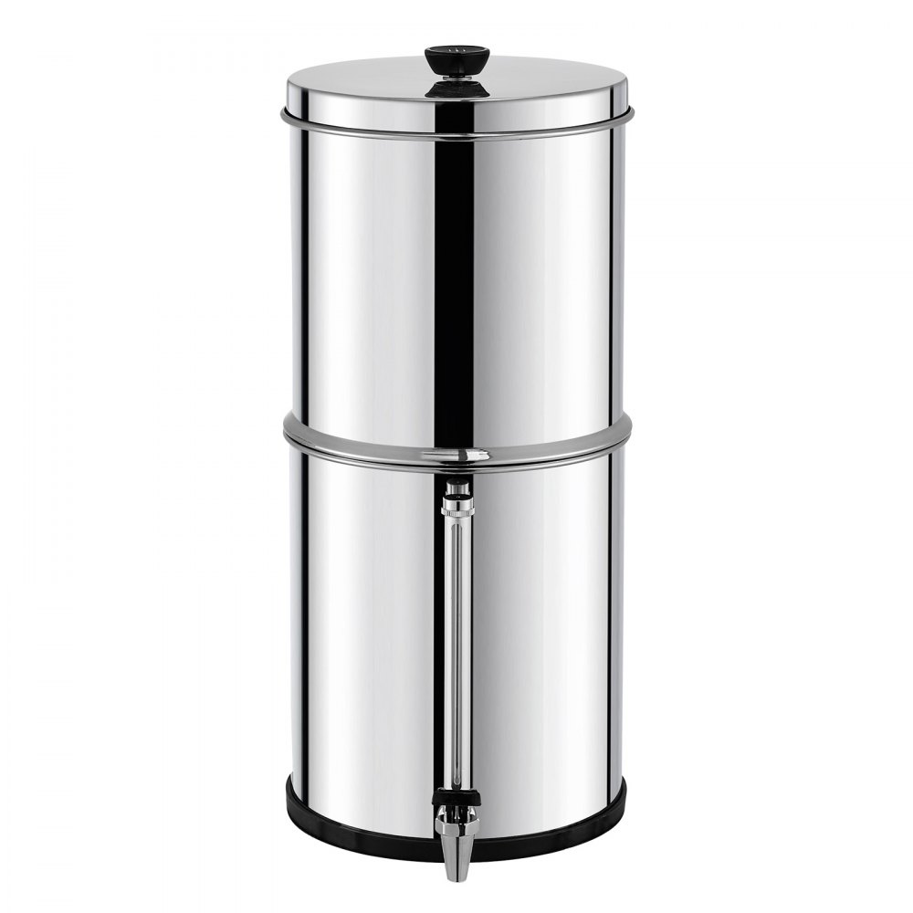 VEVOR Gravity Water Filter System, stal nierdzewna, blatowy system filtracji wody 7+8,5 l, redukuje ołów i do 99% chloru, z 2 filtrami węglowymi i kranem do pomiaru poziomu wody, kempingowy