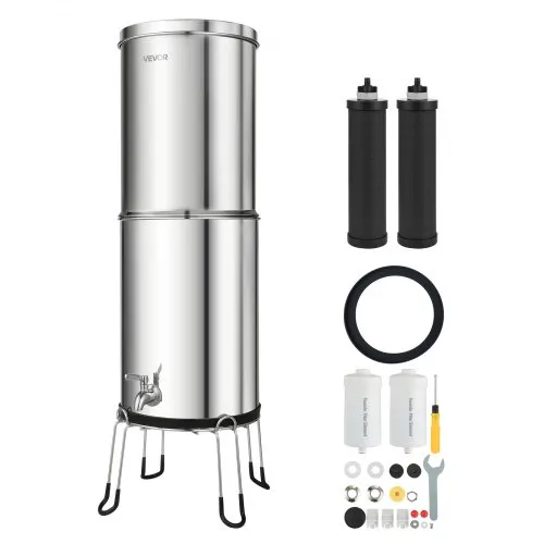 System filtracji wody VEVOR Gravity Water Filter System 12,3 l, stal nierdzewna 304, system filtracji wody redukuje ołów i do 99% chloru, z 2 filtrami z węglem aktywnym, 2 filtrami fluorkowymi, kranem i stojakiem