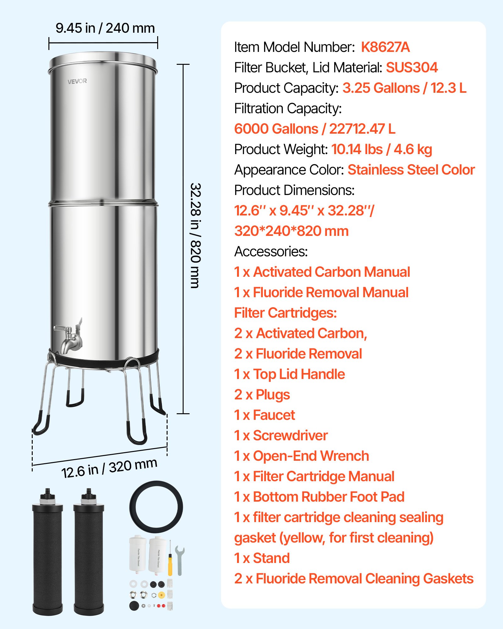 System filtracji wody VEVOR Gravity Water Filter System 12,3 l, stal nierdzewna 304, system filtracji wody redukuje ołów i do 99% chloru, z 2 filtrami z węglem aktywnym, 2 filtrami fluorkowymi, kranem i stojakiem