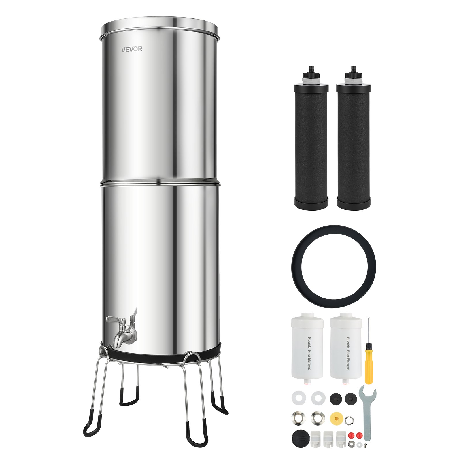System filtracji wody VEVOR Gravity Water Filter System 12,3 l, stal nierdzewna 304, system filtracji wody redukuje ołów i do 99% chloru, z 2 filtrami z węglem aktywnym, 2 filtrami fluorkowymi, kranem i stojakiem