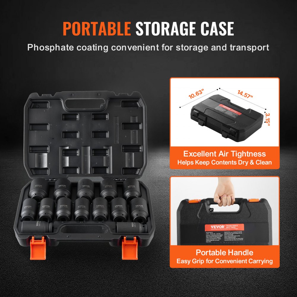 Zestaw nasadek udarowych głębokich VEVOR 12,7 mm, 6- i 12-kątnych, 14-częściowy zestaw nasadek CR-V z etui, naprawa samochodowa, kolor czarny