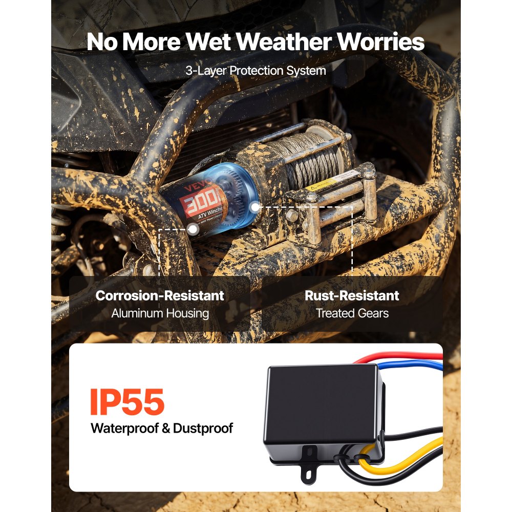 Wyciągarka elektryczna VEVOR 1360 kg, silnik prądu stałego 12 V, linka stalowa Φ4,7 mm x 12 m i przewodowy pilot zdalnego sterowania, IP55, obudowa aluminiowa, elektryczna wyciągarka do holowania quadów, czarna