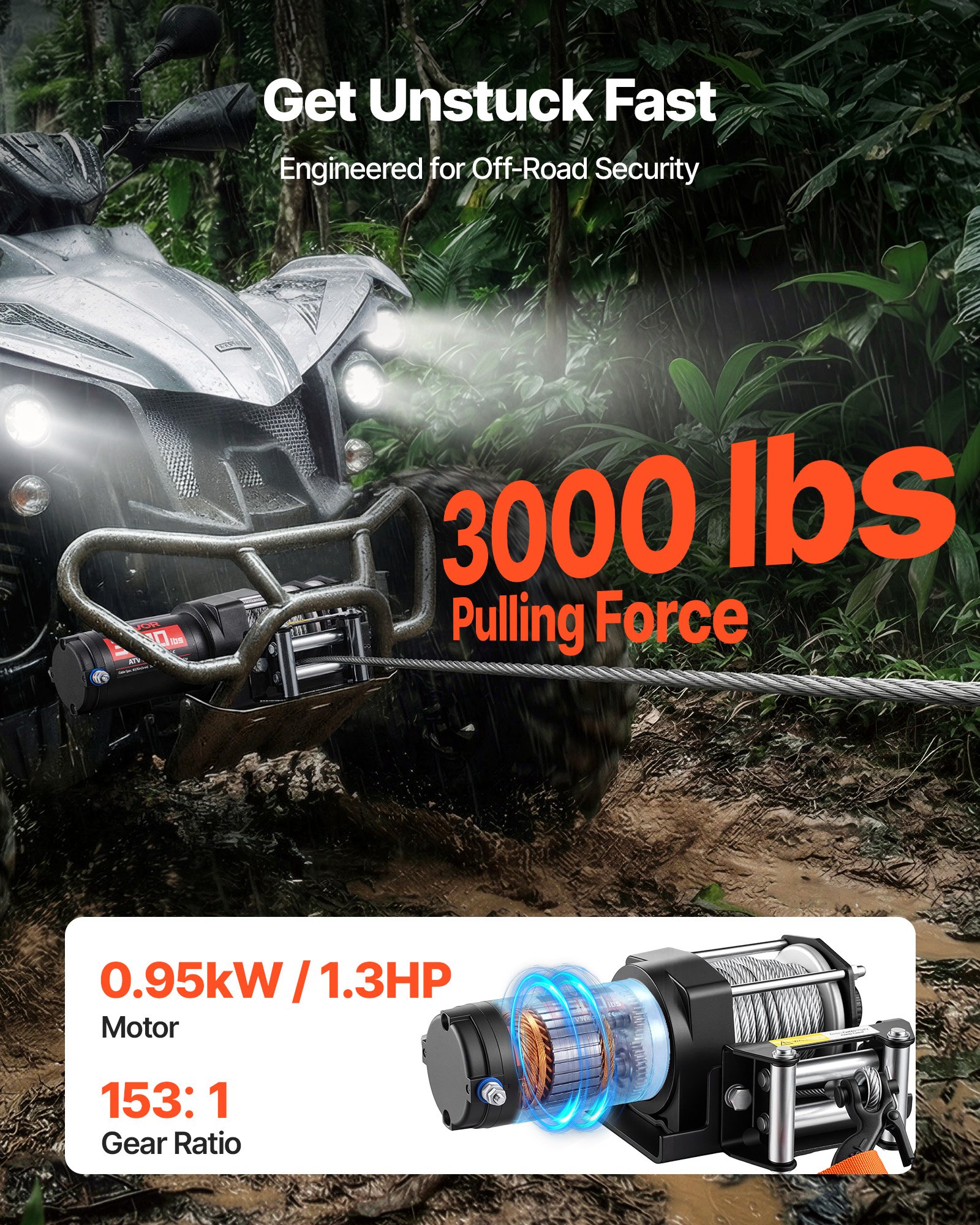 Wyciągarka elektryczna VEVOR 1360 kg, silnik prądu stałego 12 V, linka stalowa Φ4,7 mm x 12 m i przewodowy pilot zdalnego sterowania, IP55, obudowa aluminiowa, elektryczna wyciągarka do holowania quadów, czarna