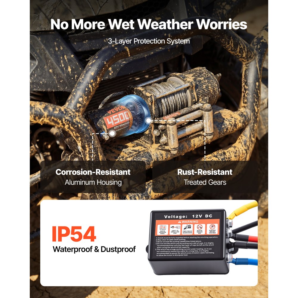 Wyciągarka elektryczna VEVOR 2041 kg, silnik 12 V DC, linka stalowa Φ5,8 mm x 12 m, sterowanie bezprzewodowe i przewodowe, IP55, elektryczna wyciągarka do holowania pojazdów ATV, UTV i pojazdów terenowych