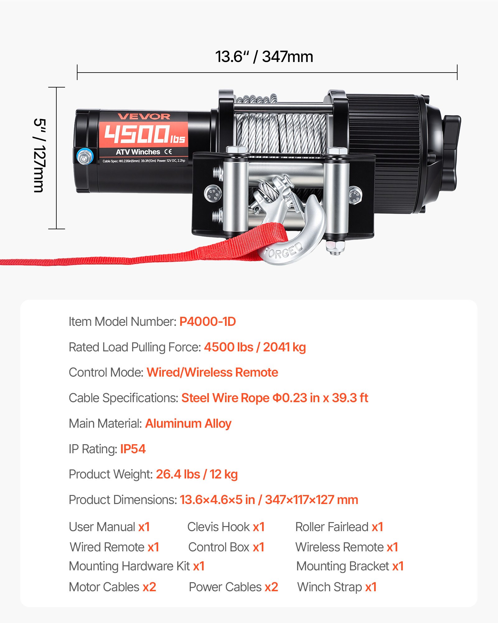 Wyciągarka elektryczna VEVOR 2041 kg, silnik 12 V DC, linka stalowa Φ5,8 mm x 12 m, sterowanie bezprzewodowe i przewodowe, IP55, elektryczna wyciągarka do holowania pojazdów ATV, UTV i pojazdów terenowych