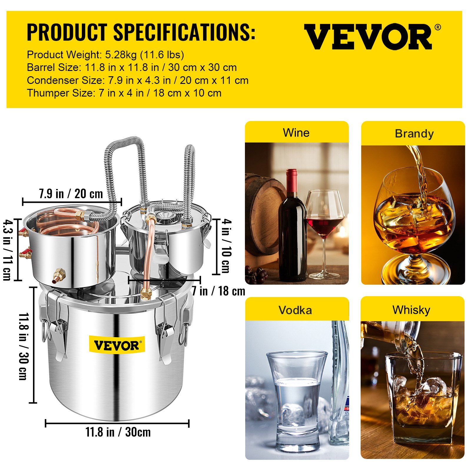 VEVOR Kocioł na wodę destylowaną z podwójną pompą do beczek 19L / 5GAL, kocioł na wodę Moonlight, destylator wody alkoholowej, destylacja wina 19L / 5GAL ze stali i czerwonej miedzi