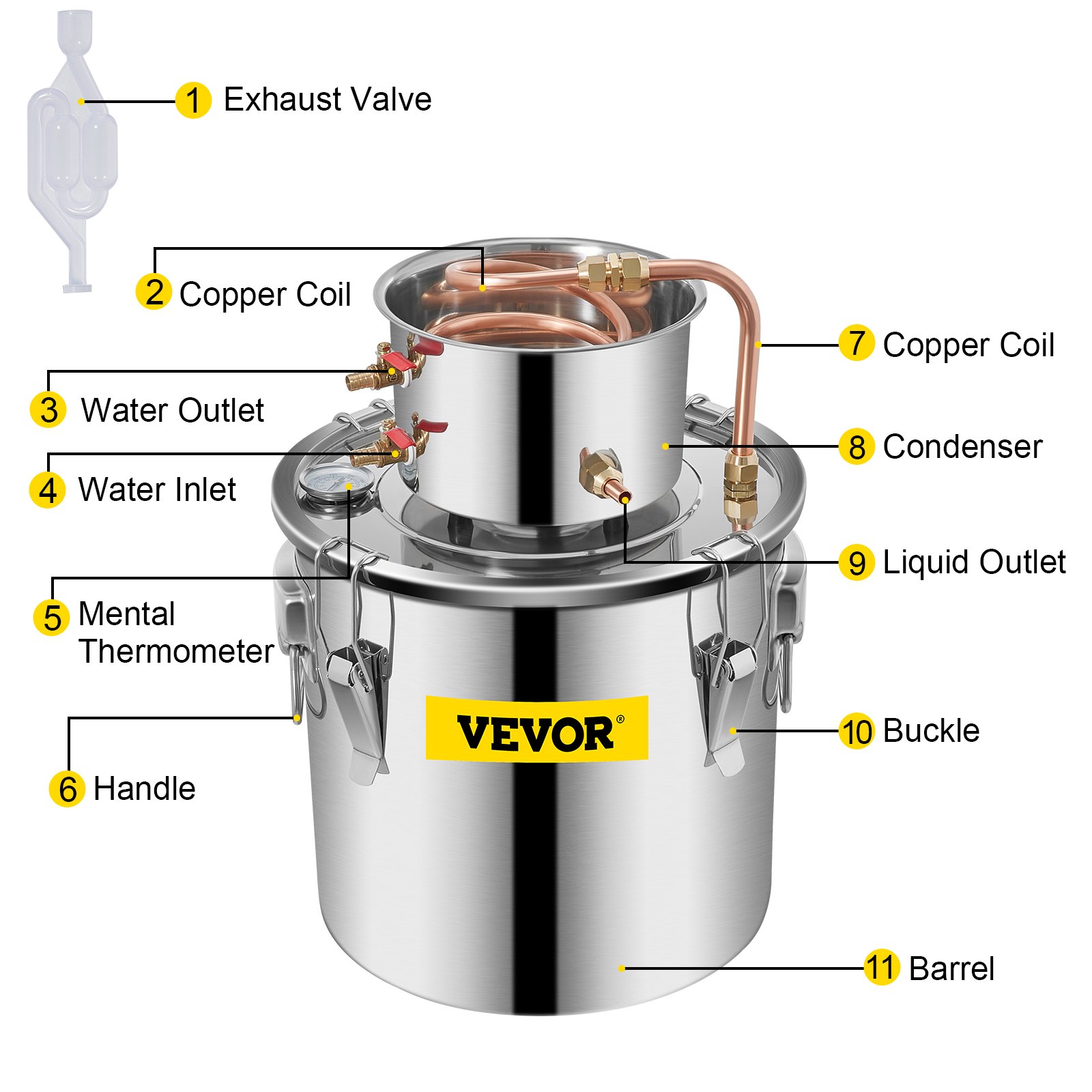 VEVOR Moonshine Still Distiller 5Gal 21L Destylator Wody ze Stali Nierdzewnej Miedziana Rurka Zestaw do Parzenia Domowego Wbudowany Termometr dla Majsterkowiczów Whisky Wine Brandy Sliver