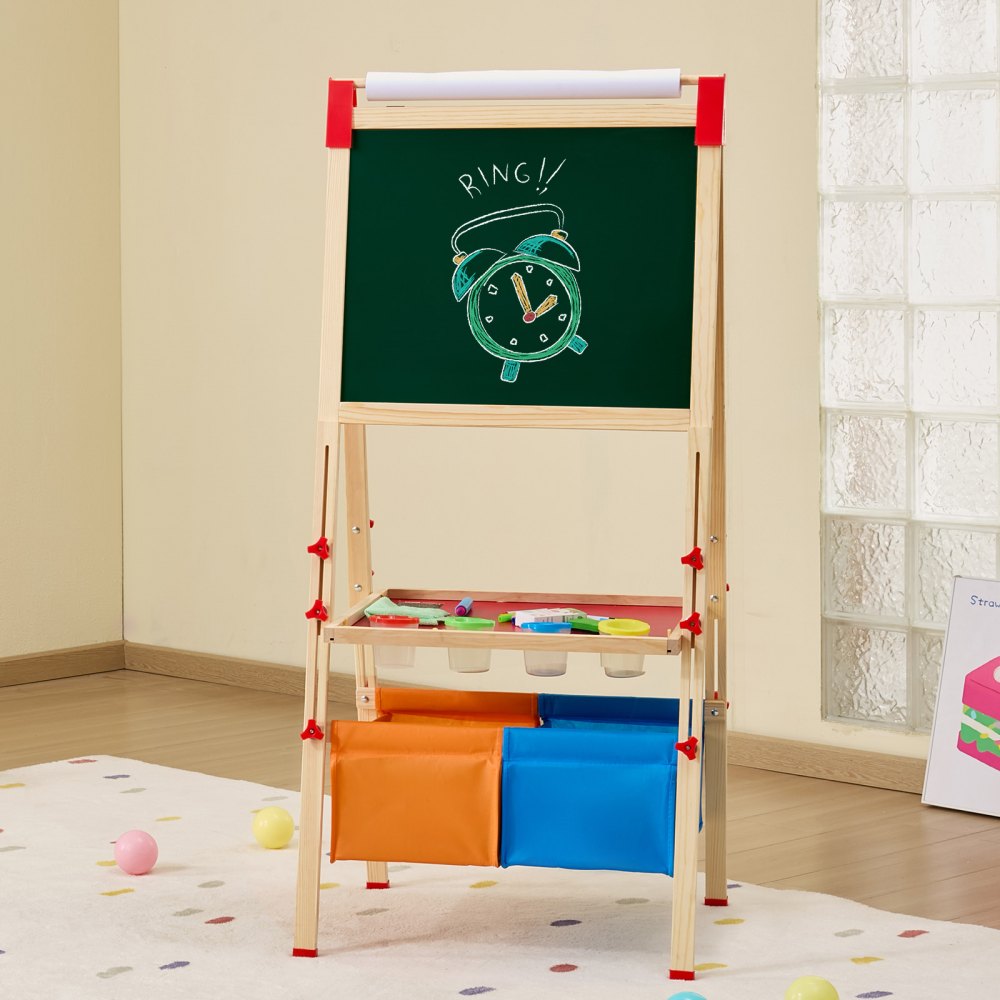 Sztaluga artystyczna VEVOR dla dzieci, drewniana sztaluga artystyczna 3 w 1, dwustronna, z tablicą magnetyczną, tablicą kredową, rolką papieru, regulowaną deską do rysowania i akcesoriami do malowania, dla dzieci w wieku od 3 lat