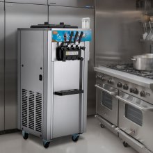 Komercyjna maszyna do lodów miękkich VEVOR, wydajność 21-31 l/h, wolnostojąca maszyna do lodów miękkich w 3 smakach, 2 cylindry ze stali nierdzewnej o pojemności 5,5 l, panel LED, automatyczne chłodzenie wstępne, do barów restauracyjnych