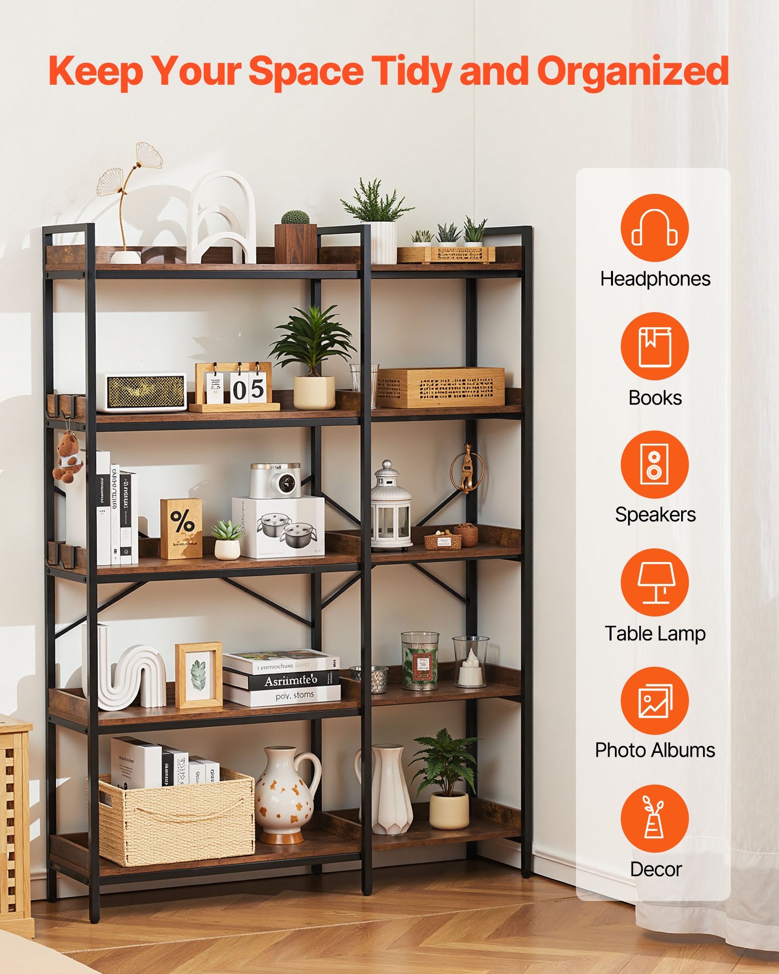 VEVOR 5 Tier Corner Bookshelf, Tall Corner Bookcase with 4 Hooks, L-Shaped Bookshelf Organizer with Metal Frame & Wooden Shelves, Reversible Display Book Shelf Rack for Bedroom, Living Room, Office