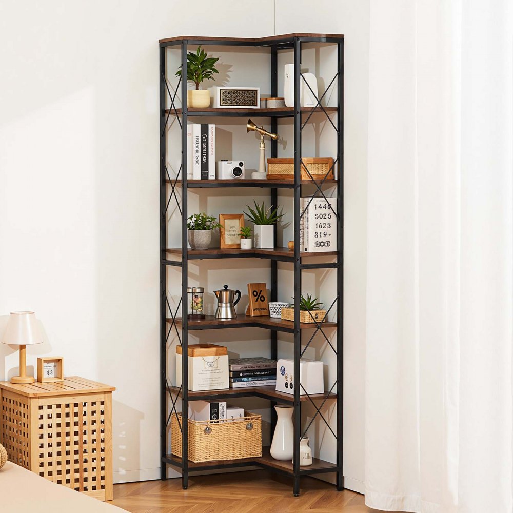 VEVOR 7 Tier Corner Bookshelf, Tall Corner Bookcase Strage, Large L-Shaped Bookshelf Organizer with Metal Frame & Wooden Shelves, Reversible Display Book Shelf Rack for Bedroom, Living Room, Office