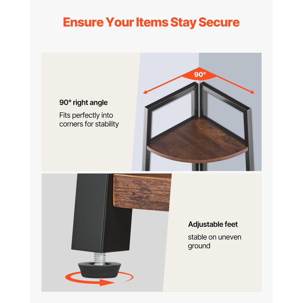 Półka narożna VEVOR 5-poziomowa, wysoka półka narożna na rośliny, regał ekspozycyjny z metalową ramą i drewnianymi półkami, regał wystawowy do sypialni, salonu, biura, brązowy