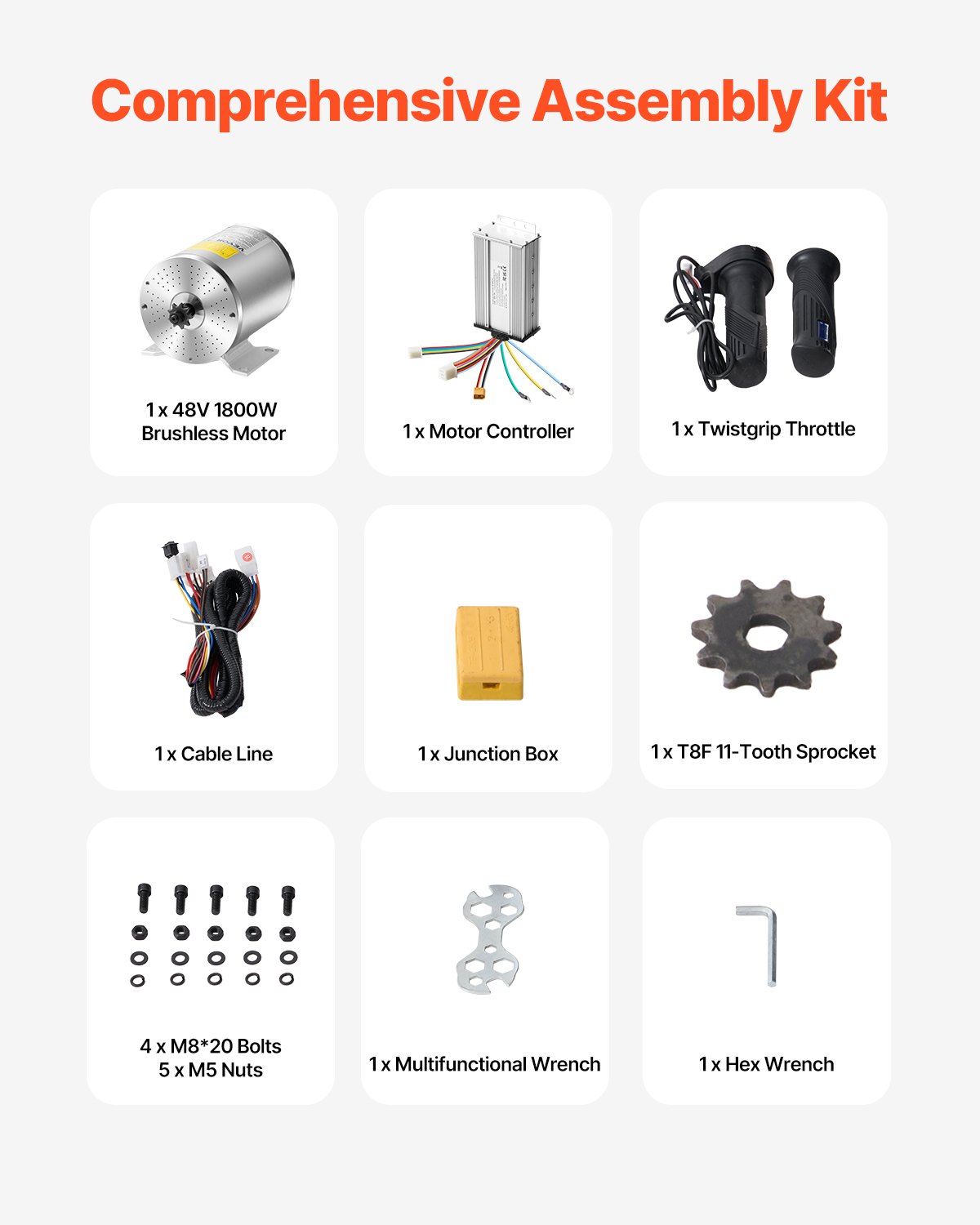 VEVOR 1800W Electric Brushless DC Motor Kit, Electric Motor – 48V 4500 RPM Motor with Improved Speed Controller, Throttle Kit for Go-Karts, E-Bikes, Motorcycles, Scooters