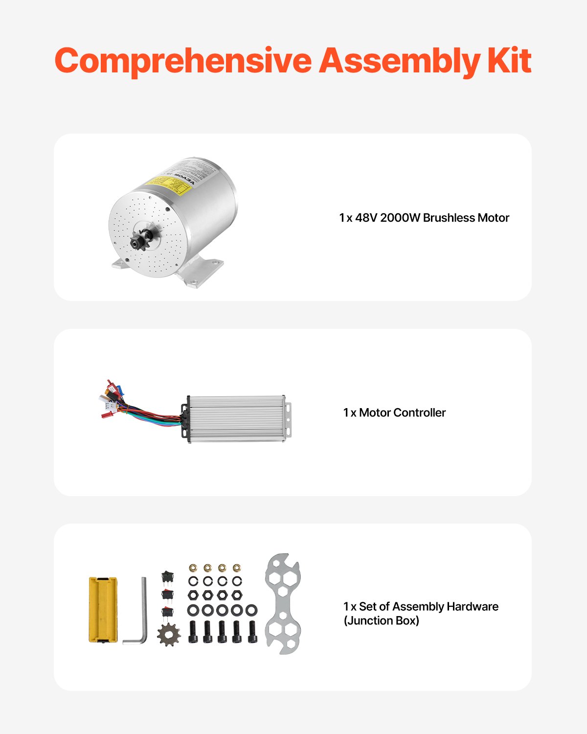 Zestaw silnika elektrycznego bezszczotkowego prądu stałego VEVOR 2000 W – silnik elektryczny 48 V, 4300 obr./min, 4,8 Nm, z ulepszonym regulatorem prędkości, idealny do gokartów, rowerów elektrycznych, motocykli i skuterów